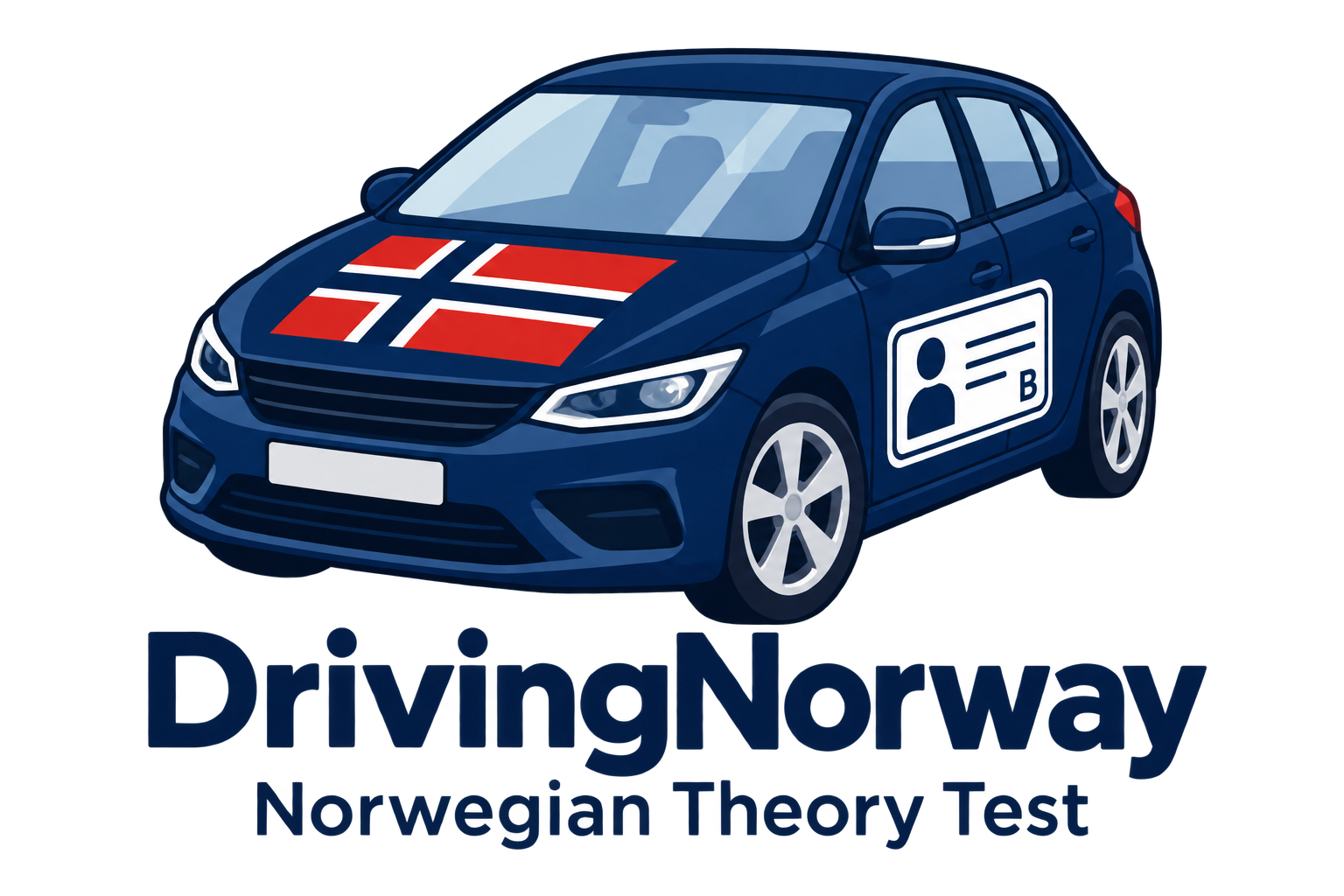 DrivingNorway logo: a car with the Norwegian flag and a driving licence stamp